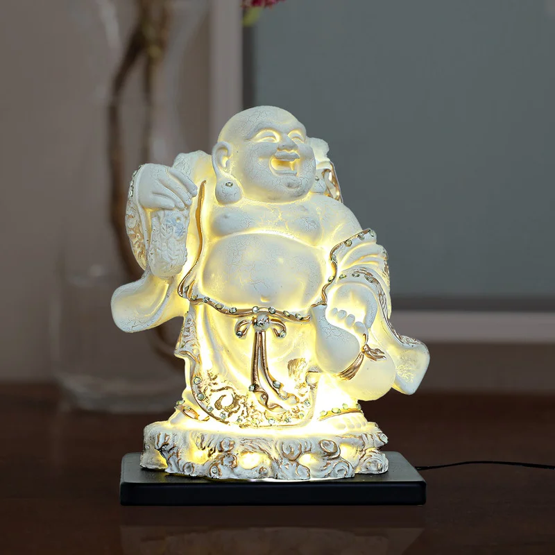 Buddha Idols Handcrafted Ployresin Lord Buddha  Standing With Laughing White Colour With Golden Border Statue Showpiece Home Decor/Office Decor/Spiritual Gift Home Decor Showpiece and Gifts by HomeDecorKart and Karigaari India