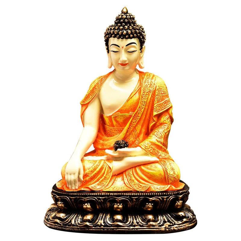 Buddha Idols Handcrafted Ployresin Lord Buddha Orange Colour Sitting Statue Sitting On Golden Colour Table Showpiece Home Decor/Office Decor/Spiritual Gift Home Decor Showpiece and Gifts by HomeDecorKart and Karigaari India