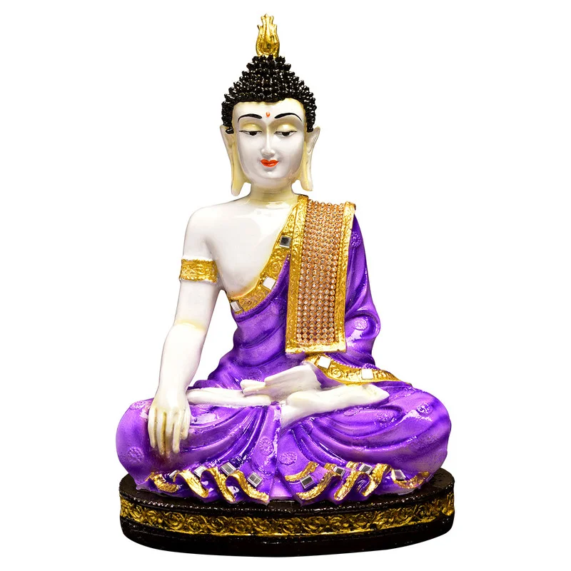 Buddha Idols Handcrafted Ployresin Lord Buddha Purple Colour Meditating Sitting Statue Sitting On Golden Colour Table Showpiece Home Decor/Office Decor/Spiritual Gift Home Decor Showpiece and Gifts by HomeDecorKart and Karigaari India