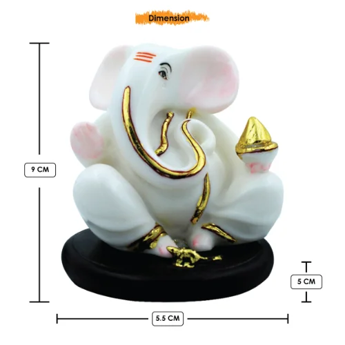 Car Dashboard Idols Small Lord Ganesha Sitting With Holding Golden Modak in Hand White Color Idol for Home Decor Home Decor Showpiece and Gifts by HomeDecorKart and Karigaari India