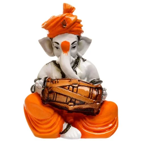 Ganesha Idols Unique Little Lord Ganesha Playing Dhol Idol Orange Best for Home Decor Home Decor Showpiece and Gifts by HomeDecorKart and Karigaari India