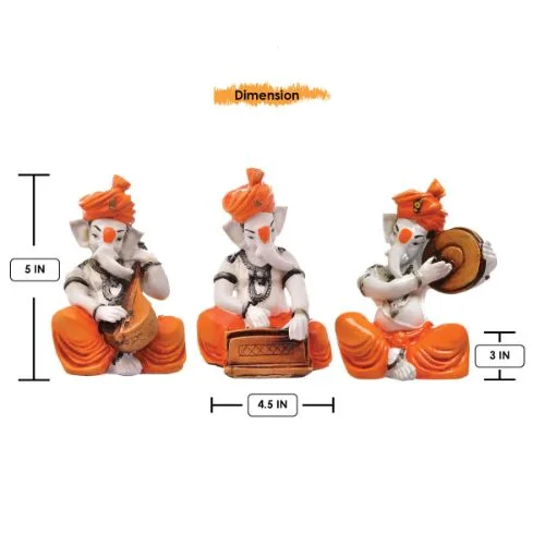 Ganesha Idols Unique Design Three Lord Ganesha Playing Instruments Idol Orange Best Item for Home Decor Home Decor Showpiece and Gifts by HomeDecorKart and Karigaari India