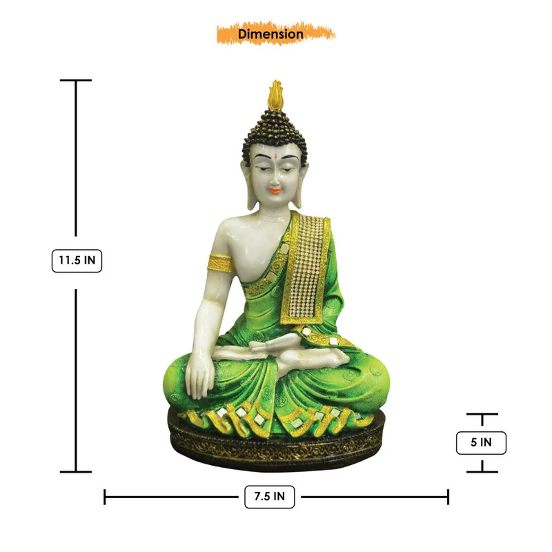 Buddha Idols Handcrafted Ployresin Golden And Green Colour Sitting Lord Buddha Statue Showpiece Home Decor/Office Decor/Spiritual Gift Home Decor Showpiece and Gifts by HomeDecorKart and Karigaari India
