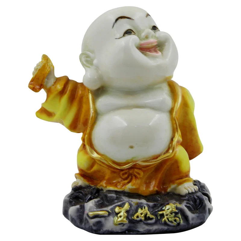 Buddha Idols Handcrafted Ployresin Lord Buddha Standing On Stone And Laughing Statue Showpiece Home Decor/Office Decor/Spiritual Gift, Yellow Home Decor Showpiece and Gifts by HomeDecorKart and Karigaari India