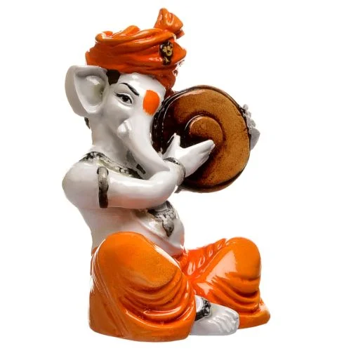 Ganesha Idols Unique Little Lord Ganesha Playing Dafli Idol Orange Best for Home Decor Home Decor Showpiece and Gifts by HomeDecorKart and Karigaari India