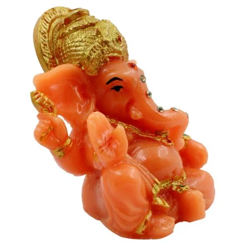 Car Dashboard Idols Lord Ganesha sitting Wearing Golden Crown Orange Colour Idol for Home Decor Home Decor Showpiece and Gifts by HomeDecorKart and Karigaari India