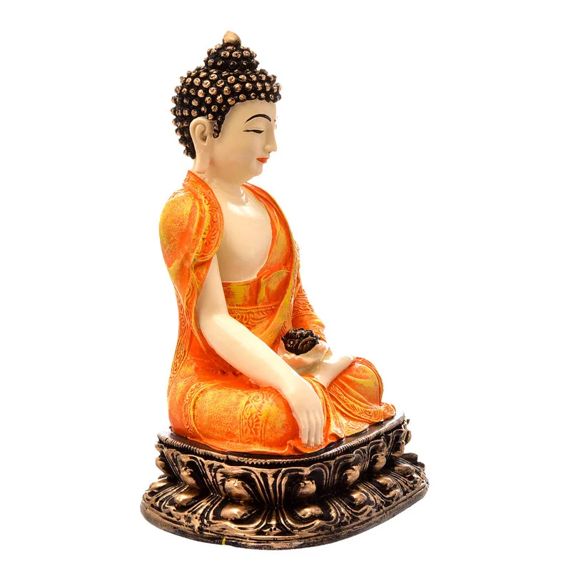 Buddha Idols Handcrafted Ployresin Lord Buddha Orange Colour Sitting Statue Sitting On Golden Colour Table Showpiece Home Decor/Office Decor/Spiritual Gift Home Decor Showpiece and Gifts by HomeDecorKart and Karigaari India