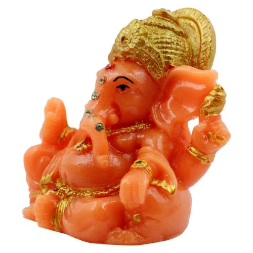 Car Dashboard Idols Lord Ganesha sitting On Sihansan Crown Orange Colour Idol for Home Decor Home Decor Showpiece and Gifts by HomeDecorKart and Karigaari India