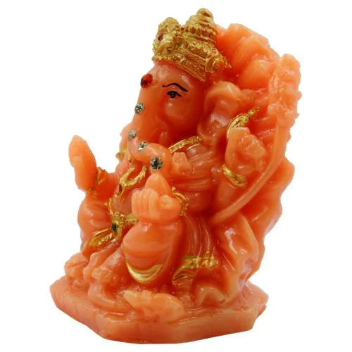 Car Dashboard Idols Lord Ganesha sitting On Sihansan Crown Orange Colour Idol for Home Decor Home Decor Showpiece and Gifts by HomeDecorKart and Karigaari India