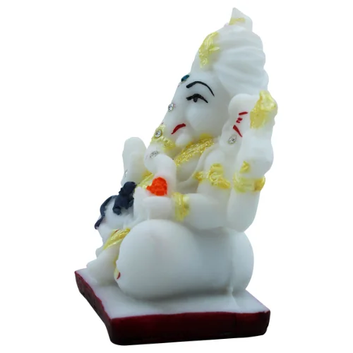 Car Dashboard Idols Lord Ganesha Sitting with Mouse Crystal White Color Idol for Home Decor Home Decor Showpiece and Gifts by HomeDecorKart and Karigaari India