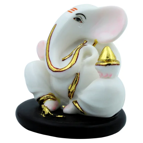 Car Dashboard Idols Small Lord Ganesha Sitting With Holding Golden Modak in Hand White Color Idol for Home Decor Home Decor Showpiece and Gifts by HomeDecorKart and Karigaari India
