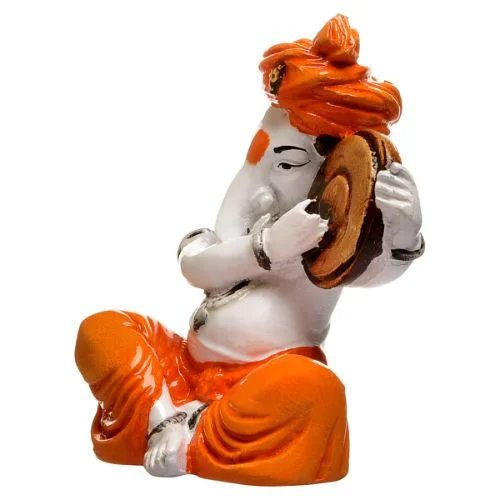Ganesha Idols Unique Little Lord Ganesha Playing Dafli Idol Orange Best for Home Decor Home Decor Showpiece and Gifts by HomeDecorKart and Karigaari India