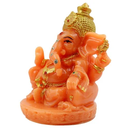 Car Dashboard Idols Lord Ganesha Sitting with One Leg Fold Orange Colour Idol for Home Decor Home Decor Showpiece and Gifts by HomeDecorKart and Karigaari India