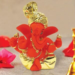 Orange & Gold Pagdi Ganesha for Car Dashboard & Gifting Purpose - Karigaari India Aesthetic Home Decor