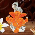 Handcrafted Orange & Silver Ceramic Ganesha Idol for Car Dashboard I Gifting - Karigaari India Aesthetic Home Decor