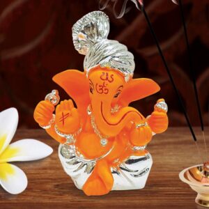 Handcrafted Orange & Silver Ceramic Ganesha Idol for Car Dashboard I Gifting - Karigaari India Aesthetic Home Decor