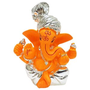 Handcrafted Orange & Silver Ceramic Ganesha Idol for Car Dashboard I Gifting - Karigaari India Aesthetic Home Decor