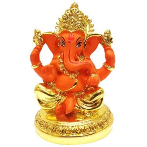 Stylish Ceramic Gold & Orange Ganesha for Car Dashboard - Karigaari India Aesthetic Home Decor