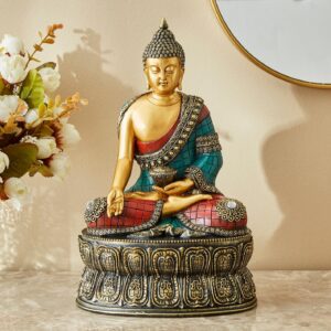 Buddha Statue on Ornate Lotus Base | Resin Idol for Meditation & Home Decor - Karigaari India Aesthetic Home Decor