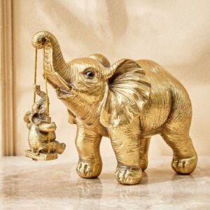 Gold Finish Elephant with Hanging Baby Decorative Resin Animal Idol-Gold Home Accent Showpiece - Karigaari India Aesthetic Home Decor