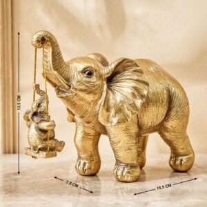 Gold Finish Elephant with Hanging Baby Decorative Resin Animal Idol-Gold Home Accent Showpiece - Karigaari India Aesthetic Home Decor