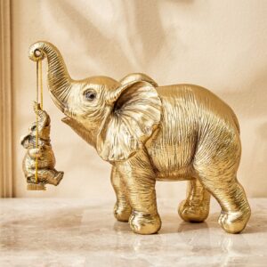 Gold Finish Elephant with Hanging Baby Decorative Resin Animal Idol-Gold Home Accent Showpiece - Karigaari India Aesthetic Home Decor