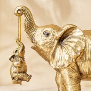 Gold Finish Elephant with Hanging Baby Decorative Resin Animal Idol-Gold Home Accent Showpiece - Karigaari India Aesthetic Home Decor