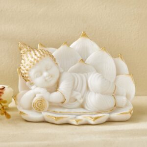Blissful Baby Buddha Idol in White & Gold – Handcrafted Resin Figurine - Karigaari India Aesthetic Home Decor