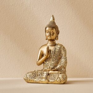 Antique Golden Buddha Statue for Home Decor | Resin Sitting Buddha Idol in Blessing Pose | Peaceful Spiritual Sculpture for Living Room & Office - Karigaari India Aesthetic Home Decor