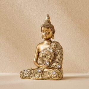 Antique Golden Buddha Statue for Home Decor Resin Meditating Idol with Crystal Detailing-Resin Sitting Buddha Idol for Home & Office Decor | Peace & Prosperity Showpiece Gift - Karigaari India Aesthetic Home Decor