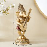 Antique Gold Ganesh Idol with Veena Resin Decorative Statue for Spiritual Decor - Karigaari India Aesthetic Home Decor