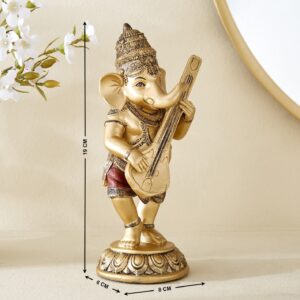 Antique Gold Ganesh Idol with Veena Resin Decorative Statue for Spiritual Decor - Karigaari India Aesthetic Home Decor