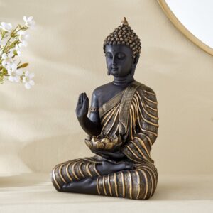 Black Gold Buddha Statue Meditation | Antique Finish Blessing Buddha Figurine | Zen Buddhist Home Decor | Abhaya Mudra Protection Sculpture | Resin Sitting Buddha | Spiritual Feng Shui Gift | - Karigaari India Aesthetic Home Decor