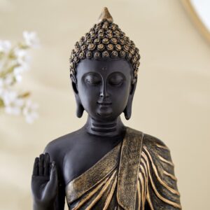 Black Gold Buddha Statue Meditation | Antique Finish Blessing Buddha Figurine | Zen Buddhist Home Decor | Abhaya Mudra Protection Sculpture | Resin Sitting Buddha | Spiritual Feng Shui Gift | - Karigaari India Aesthetic Home Decor
