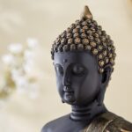 Black Gold Buddha Statue Meditation | Antique Finish Blessing Buddha Figurine | Zen Buddhist Home Decor | Abhaya Mudra Protection Sculpture | Resin Sitting Buddha | Spiritual Feng Shui Gift | - Karigaari India Aesthetic Home Decor