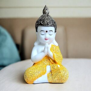 Buddha Statue Meditation Prayer Home Decor - White Gold Resin Buddha Figurine - Zen Buddhist Gift - Mindfulness Yoga Room Decoration - Spiritual Feng Shui Ornament - Karigaari India Aesthetic Home Decor