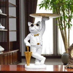 Karigaari Ideas Handcrafted Bulldog with Tray Figurine Sculpture - White Home Decor Showpiece - Karigaari India Aesthetic Home Decor