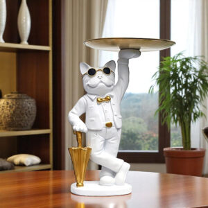 Karigaari Ideas Handcrafted Bulldog with Tray Figurine Sculpture - White Home Decor Showpiece - Karigaari India Aesthetic Home Decor