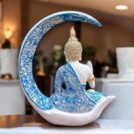 Blue Cresent Moon Buddha Meditating Resin Statue - Karigaari India Aesthetic Home Decor