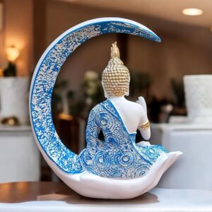 Blue Cresent Moon Buddha Meditating Resin Statue - Karigaari India Aesthetic Home Decor
