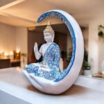 Blue Cresent Moon Buddha Meditating Resin Statue - Karigaari India Aesthetic Home Decor