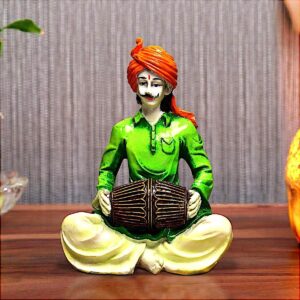 Hand Crafted Polyresin Green Eco Friendly Rajasthani Musician Idol Figurine - Karigaari India Aesthetic Home Decor