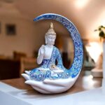 Blue Cresent Moon Buddha Meditating Resin Statue - Karigaari India Aesthetic Home Decor