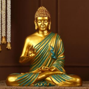 Elegant Meditating Gautam Buddha Idol Gold & Blue Resin Home Decor - Karigaari India Aesthetic Home Decor