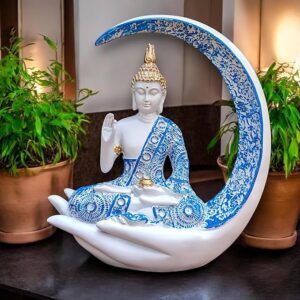 Blue Cresent Moon Buddha Meditating Resin Statue - Karigaari India Aesthetic Home Decor