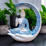 Blue Cresent Moon Buddha Meditating Resin Statue - Karigaari India Aesthetic Home Decor