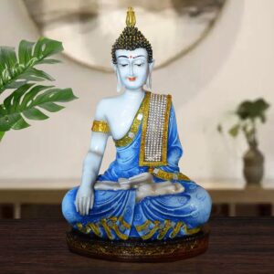 Handcrafted Ployresin Blue And Golden Colour Sitting Lord Buddha Statue Showpiece Home Decor/Office Decor/Spiritual Gift - Karigaari India Aesthetic Home Decor