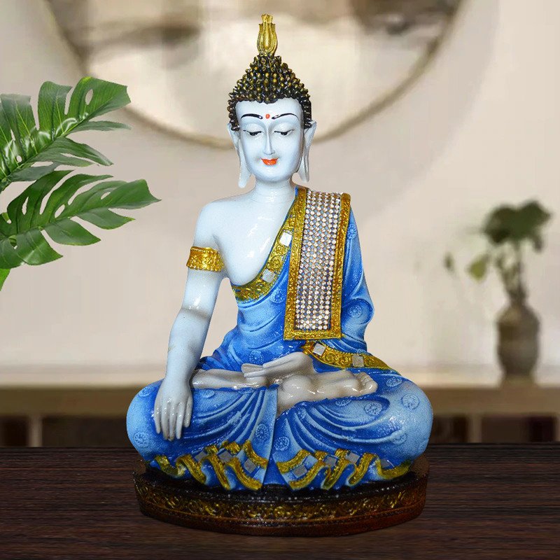 Artistic Artisan Ployresin Blue And Golden Colour Sitting Lord Buddha Figurine Display Piece Home Decor Office Home Decor Spiritual Gift Modern Ornament 2 Handcrafted Ployresin Blue And Golden Colour Sitting Lord Buddha Statue Showpiece Home Decor/Office Decor/Spiritual Gift - Karigaari India Aesthetic Home Decor