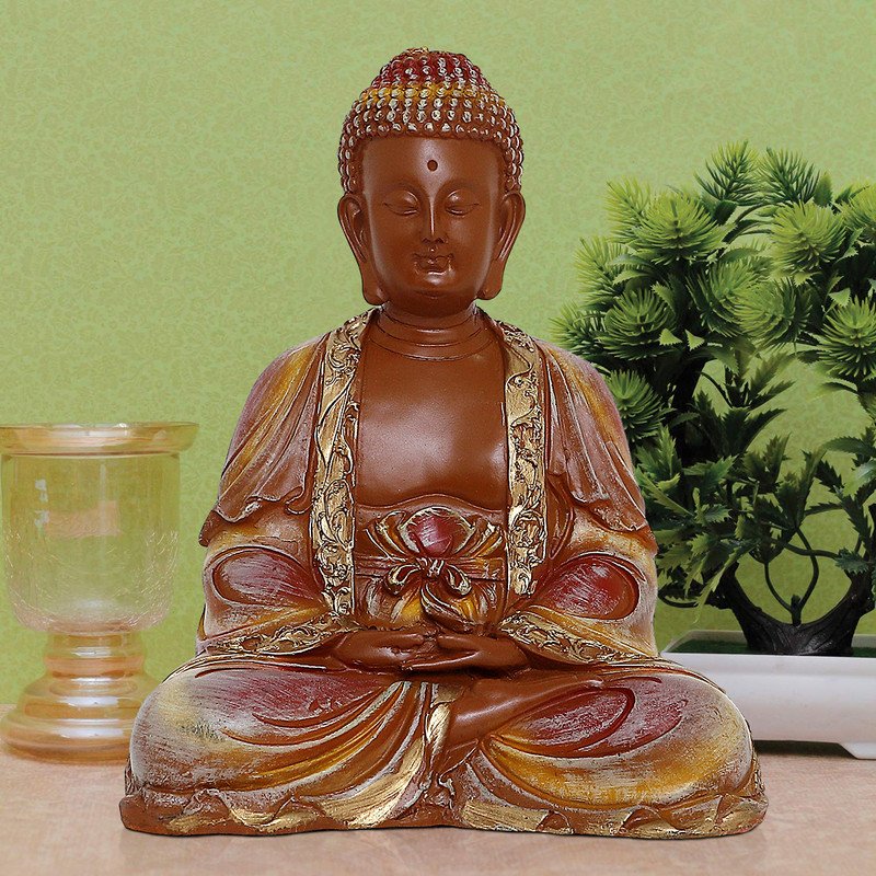 Artistic Artisan Ployresin Lord Buddha Sitting And Meditation Figure Centerpiece Home Home Decor Office Decoration Spiritual Gift Brown And Gold Unique Decor Piece 1 Handcrafted Ployresin Lord Buddha Sitting And Meditation Statue Showpiece Home Decor/Office Decor/Spiritual Gift, Brown And Gold - Karigaari India Aesthetic Home Decor