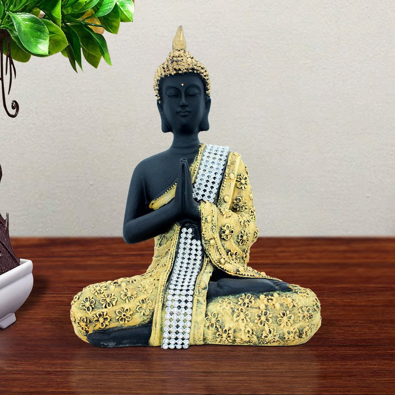Artistic Artisan Ployresin Lord Buddha Sitting Black And Yellow Colour Figure Centerpiece Home Home Decor Office Decoration Spiritual Gift Luxurious Accent 1 Handcrafted Ployresin Lord Buddha Sitting Black And Yellow Colour Statue Showpiece Home Decor/Office Decor/Spiritual Gift - Karigaari India Aesthetic Home Decor